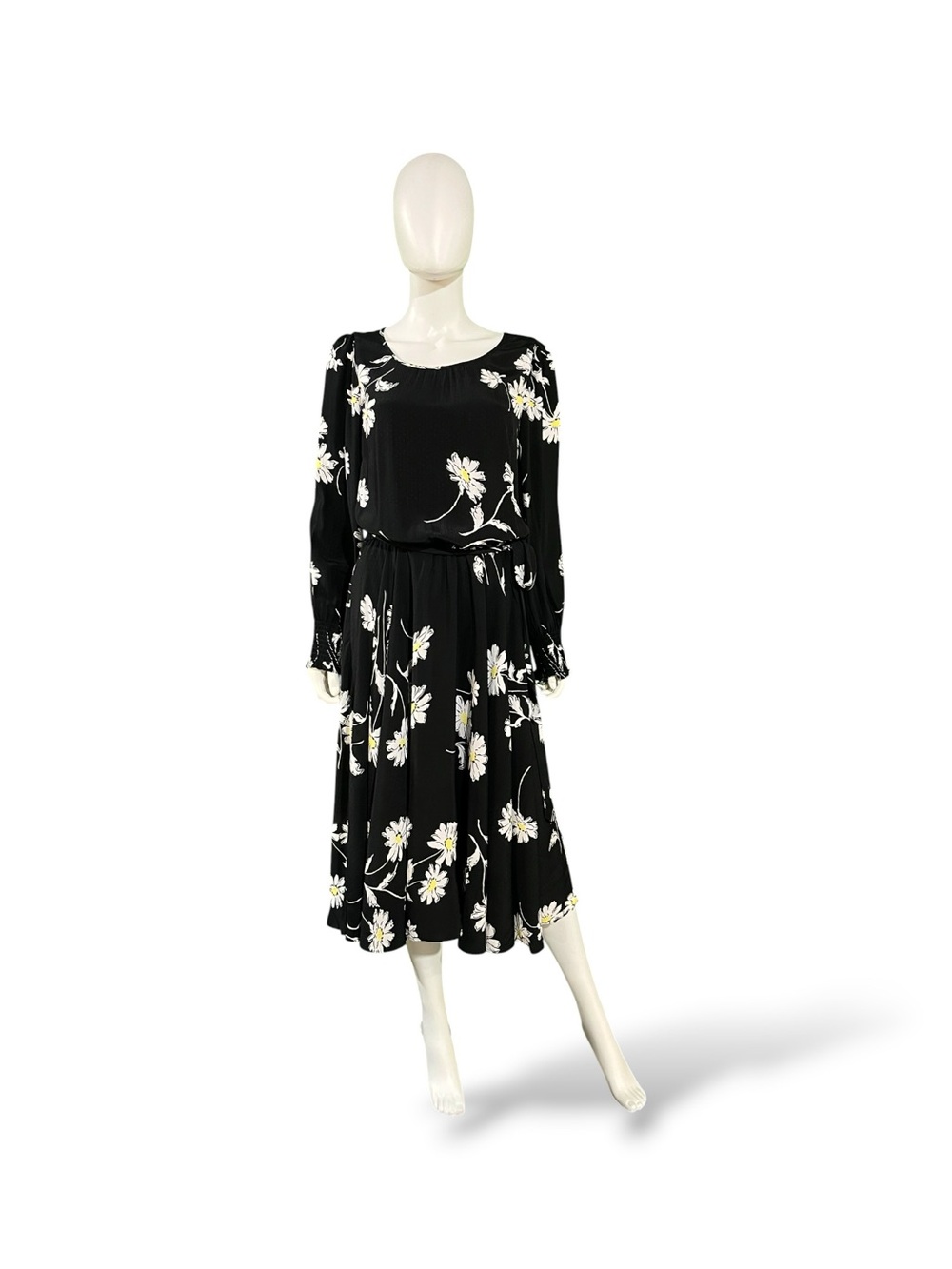 Talbots Black Floral Midi Dress with White Daisy Print, 10